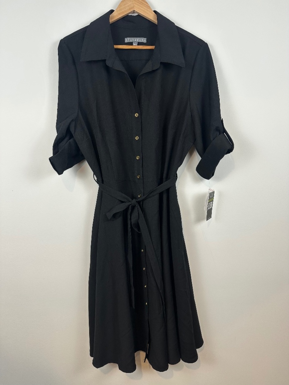 NWT Sharagano Black Belted Button Front Shirt Dress Size 14